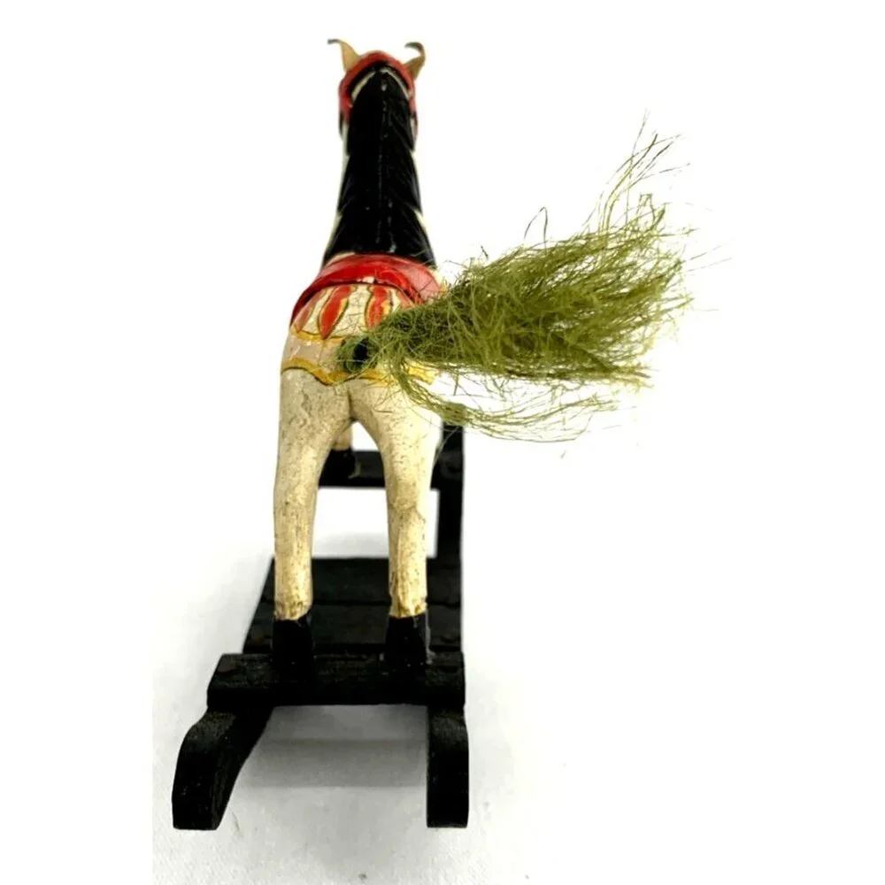 Wooden Rocking Horse Figurine Hand Painted Rope Tail Leather Ears 6
